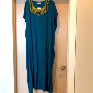 Tamsy Maxi length dress kaftan in teal, blue. Short sleeves, side slits. New!